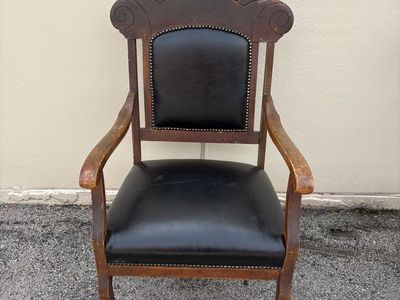 Vintage Wood Arm Chair Leather Nailhead Accent