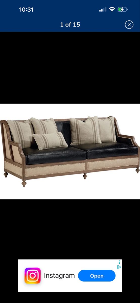 Vintage-Style Wood Frame Sofa with Black Leather and Burlap Trim
