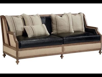 Vintage-Style Wood Frame Sofa with Black Leather and Burlap Trim