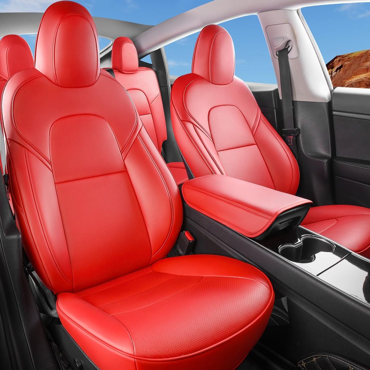 2020-2024 Tesla Model Y (5 Seat) Nappa Bright Red Full Seat Cover Set