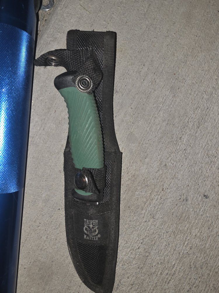Trophy Master Hunting Knife with Green Handle and Black Sheath
