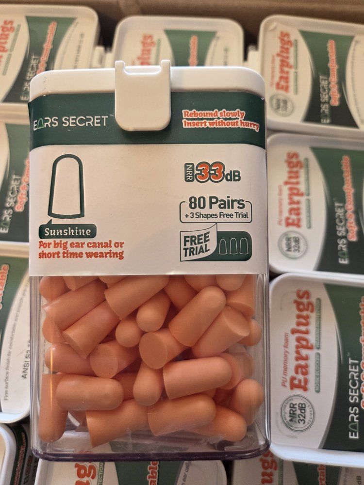 EARS SECRET PU Foam Earplugs - 80 Pairs, NRR 33dB, Comfortable & Reusable, Shape: Sunshine