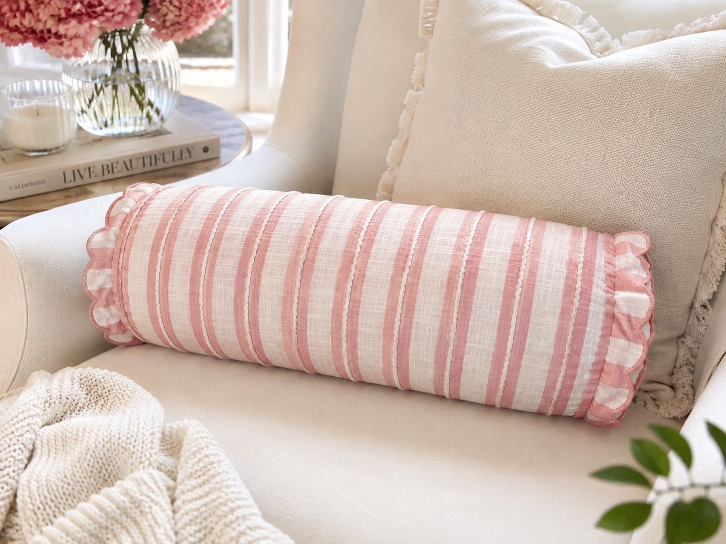 Pink and White Striped Bolster Throw Pillow with Ruffled Edges