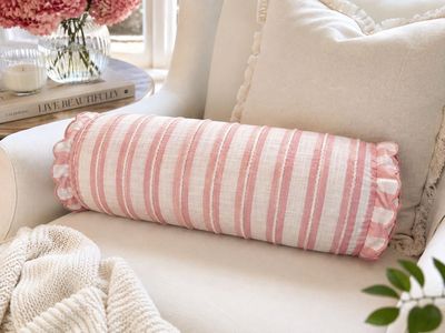 Pink and White Striped Bolster Throw Pillow with Ruffled Edges