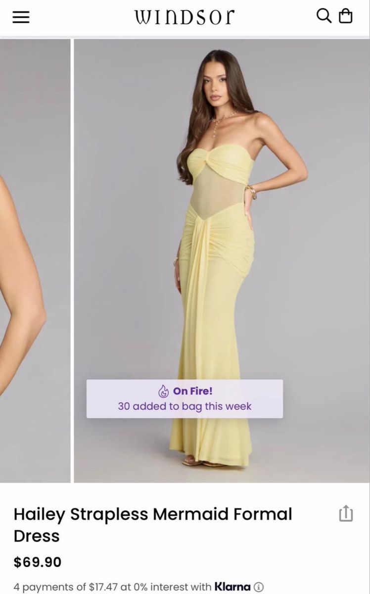 Windsor Hailey Strapless Mermaid Formal Dress - Pale Yellow, Size Medium, Ruched Mesh Details