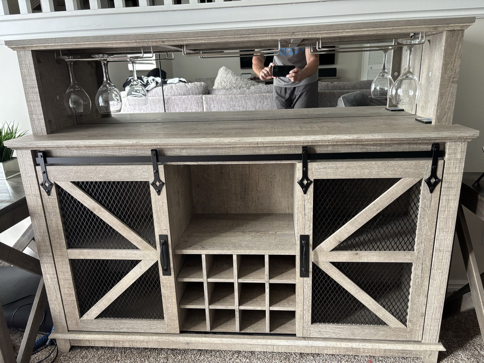 Farmhouse Gray Wood Wine/Coffee Bar Cabinet with LED Lighting & Sliding Barn Doors