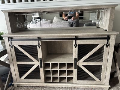 Farmhouse Gray Wood Wine/Coffee Bar Cabinet with LED Lighting & Sliding Barn Doors