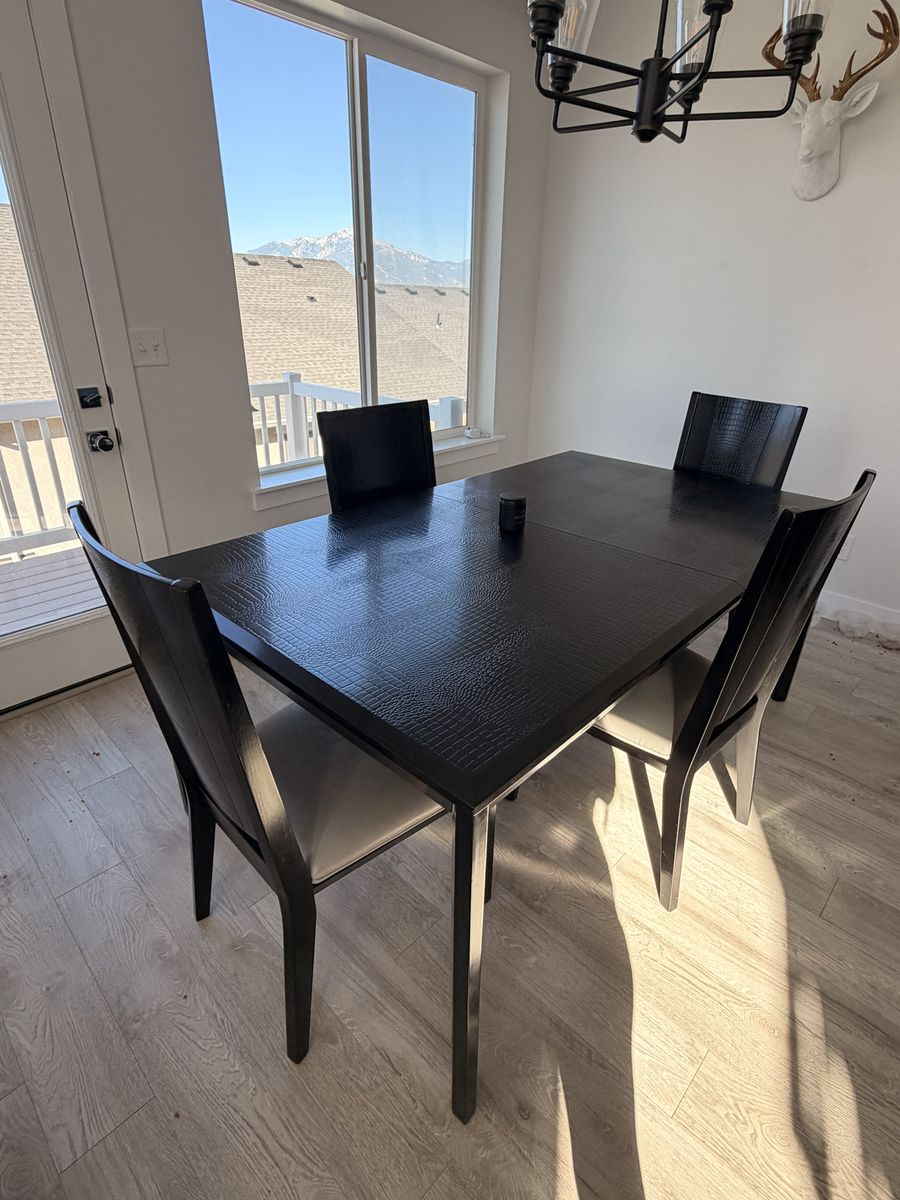 Black Kitchen Table with 4 Grey Leather Chairs