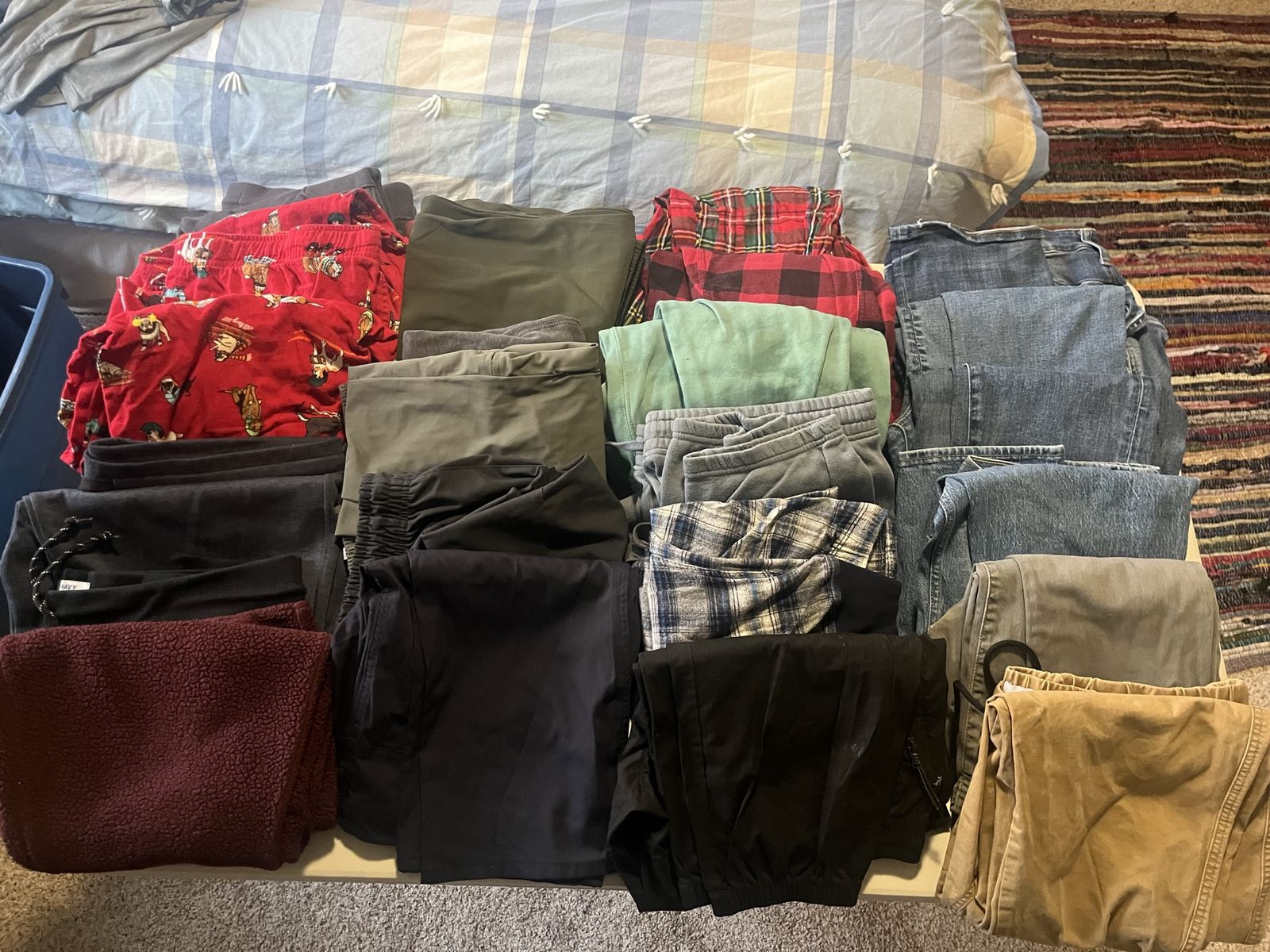 Lots of clothes! Jeans, pants, shorts, exercise, jackets, sleepwear, coats