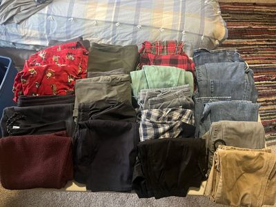 Lots of clothes! Jeans, pants, shorts, exercise, jackets, sleepwear, coats