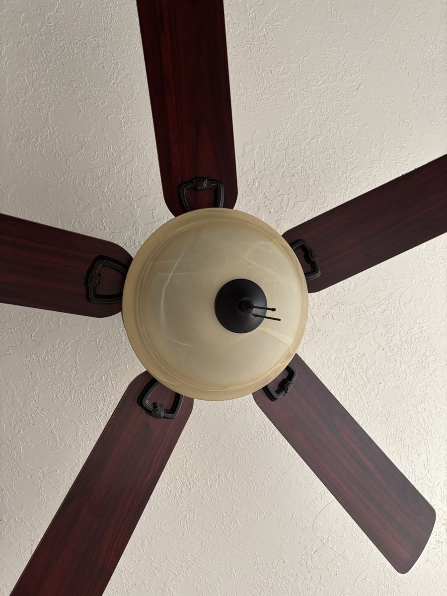 Dark Wood and Bronze Ceiling Fan with Frosted Light Fixture