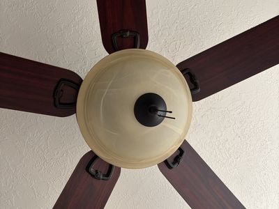 Dark Wood and Bronze Ceiling Fan with Frosted Light Fixture
