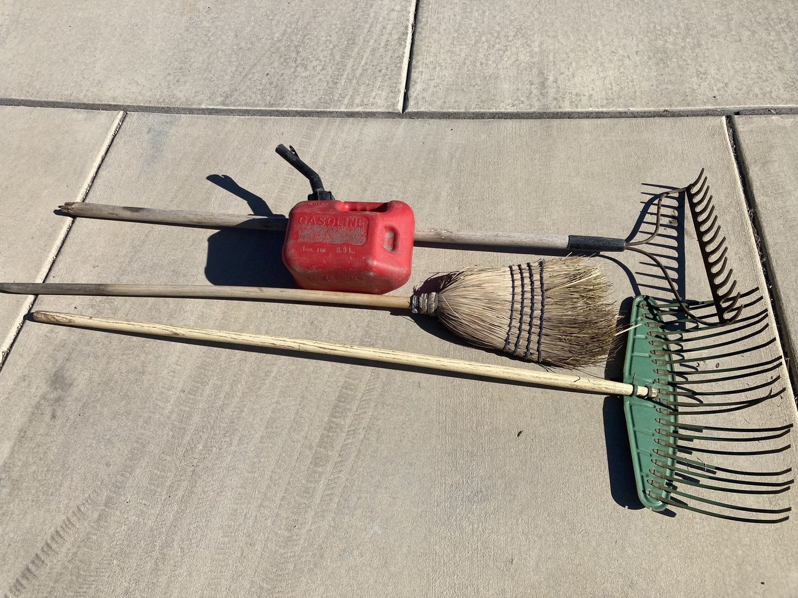 Used Gardening Tools: Rakes, Gas Can & Broom