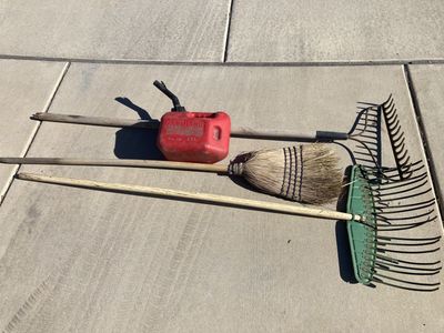 Used Gardening Tools: Rakes, Gas Can & Broom
