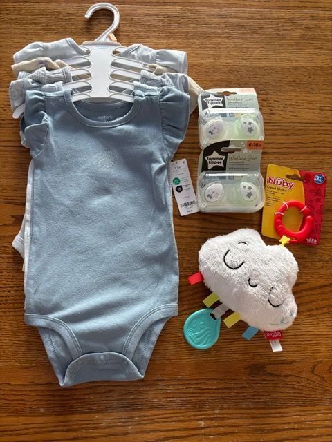 Brand New Baby Girl Bundle (12 Month 5 pack of Onesies, 2 sets of Binkys, Cloud Rattle Toy)