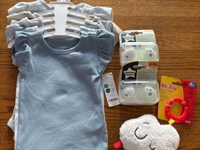 Brand New Baby Girl Bundle (12 Month 5 pack of Onesies, 2 sets of Binkys, Cloud Rattle Toy)