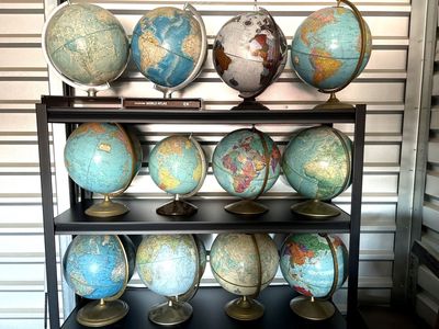 Vintage world globes. Map topography globe antique mid century desktop Repogle, Rand Mcnally 12", 16" table, floor