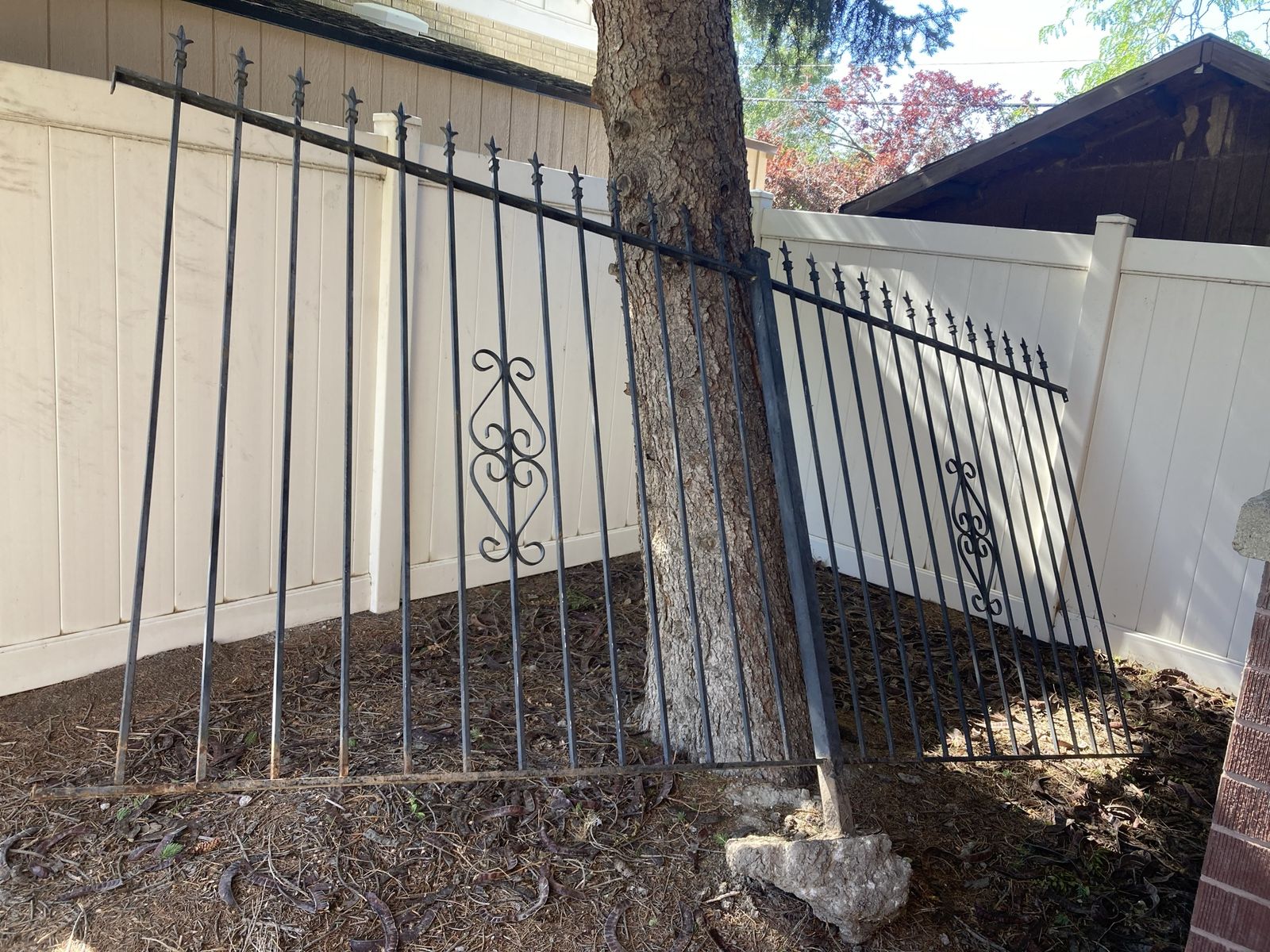 Decorative Iron Fence - Black Metal Panel with Ornate Scrolls & Finials - 2 sections, 5.5ft x 5ft each