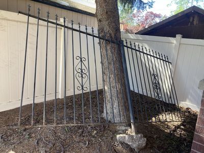 Decorative Iron Fence - Black Metal Panel with Ornate Scrolls & Finials - 2 sections, 5.5ft x 5ft each