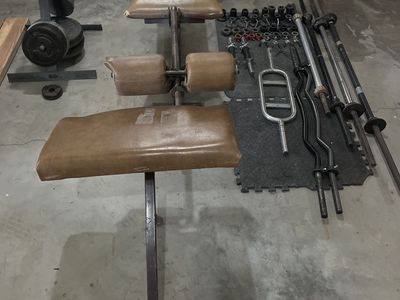 Weight bench, weights, bars,collars and stand