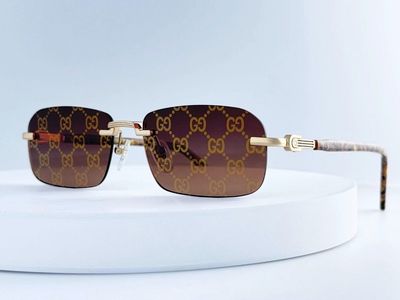 Gucci GG1221S 004 Rimless Sunglasses Gold Brown Marble Red Gold Mirror Lens