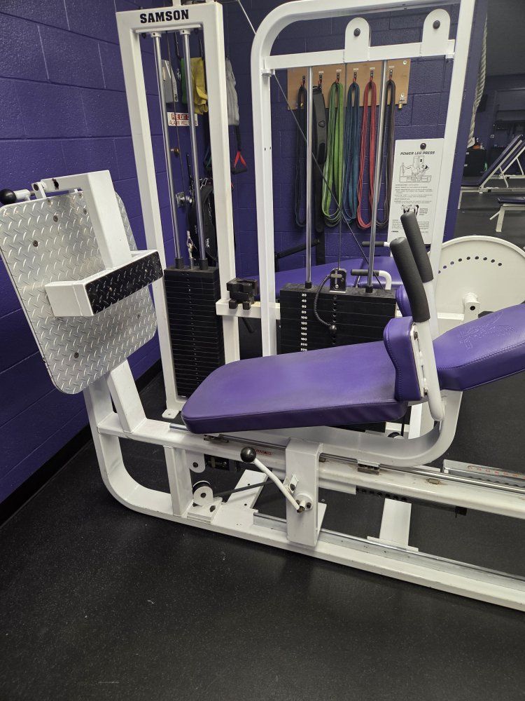 Commercial Seated Leg Press Machine - 500lb Stack, Adjustable Seat, White/Purple