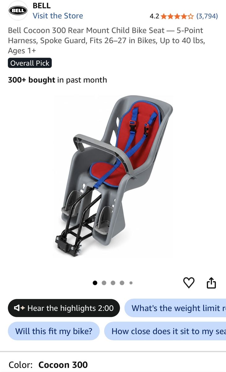 Bell Cocoon 300 Rear Mount Child Bike Seat with 5-Point Harness