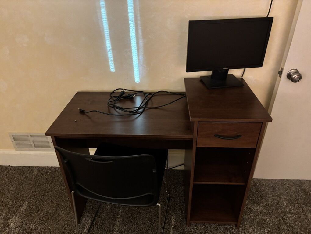 Brown Desk, Chair, Monitor
