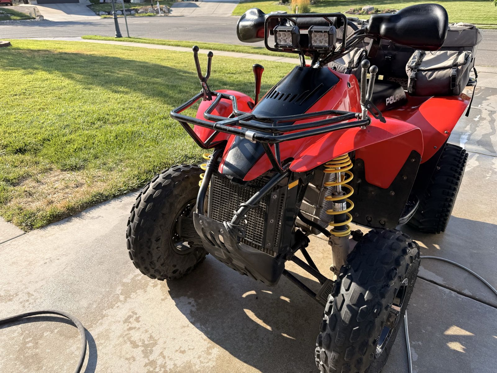2002 Polaris Scrambler 500 AWD ATV Four Wheeler with Front Cargo Rack and Rear Bag