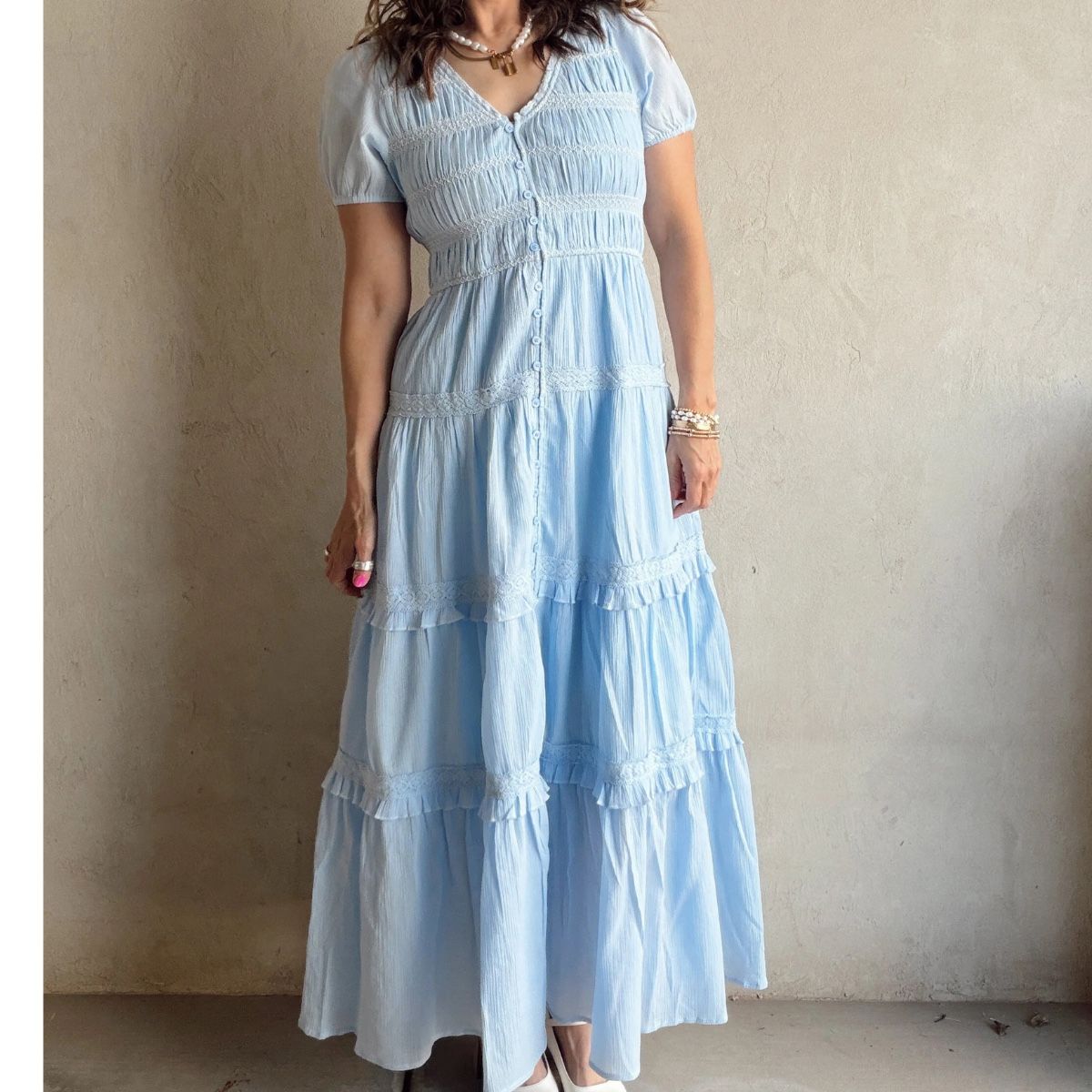 In Loom Light Blue Smocked Tiered Maxi Dress - Women's Size L, V-Neck, Short Sleeve, Cotton