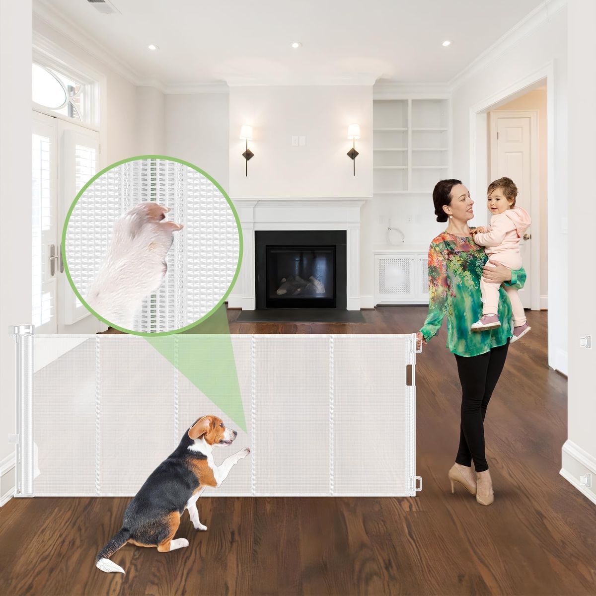 Retract-A-Gate 96" Wide Retractable Baby & Pet Safety Gate - White Mesh with Support Rods, 33" Tall