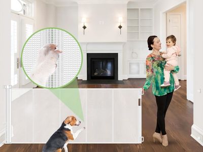 Retract-A-Gate 96" Wide Retractable Baby & Pet Safety Gate - White Mesh with Support Rods, 33" Tall