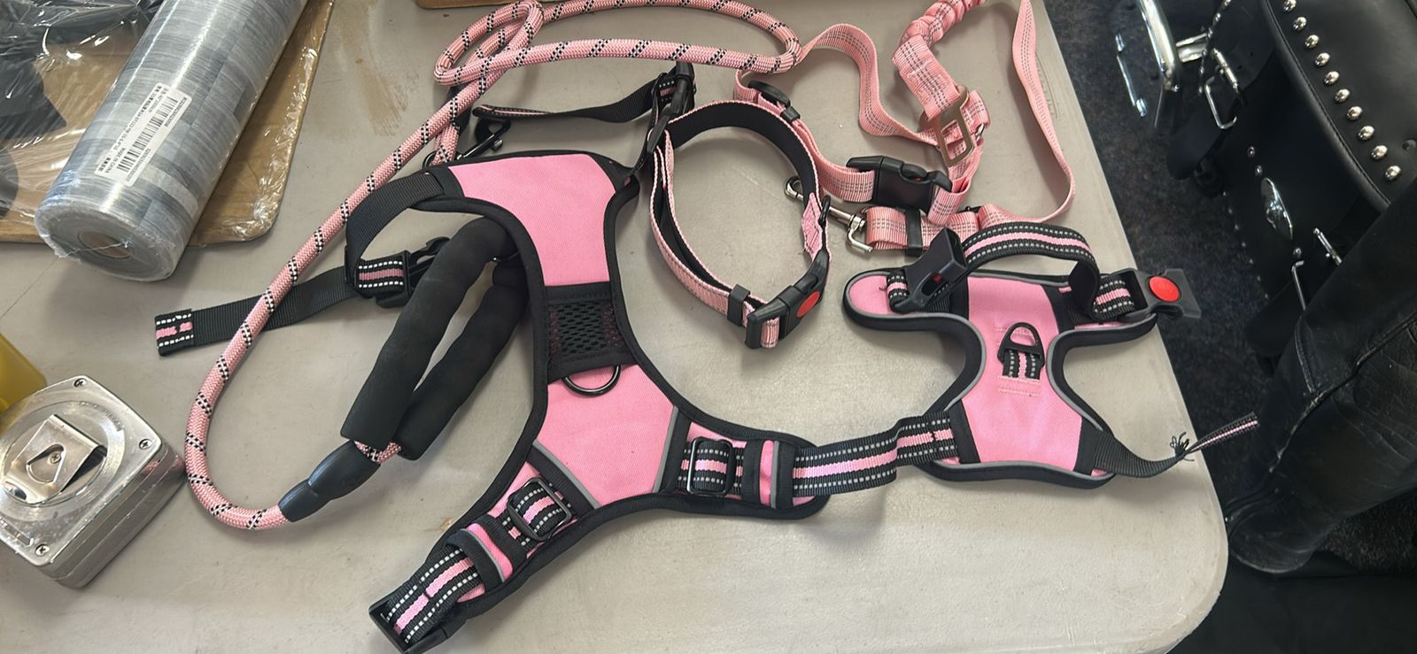 Pink Dog Harness, Collar, and Leash Set with Reflective Stitching