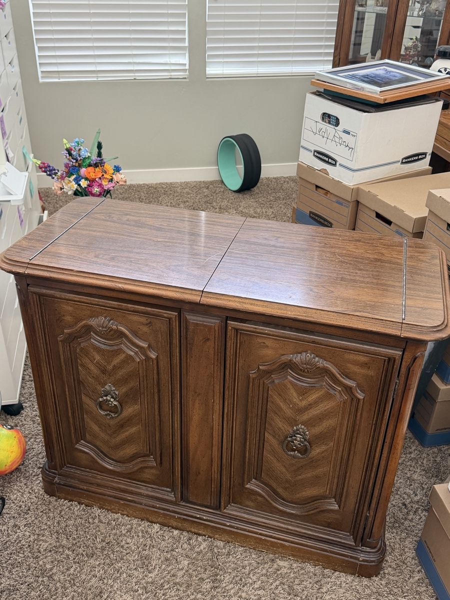 Vintage Wooden Sewing Machine Cabinet with Fold-Out Table Top and Storage