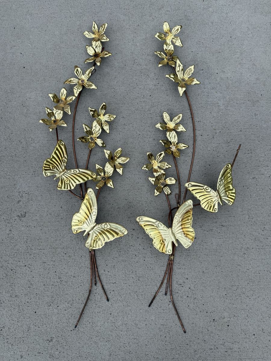 Vintage mid century brass copper butterfly flowers wall hangings