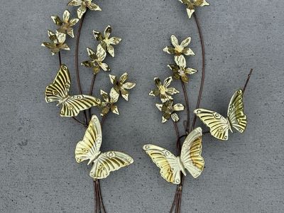 Vintage mid century brass copper butterfly flowers wall hangings