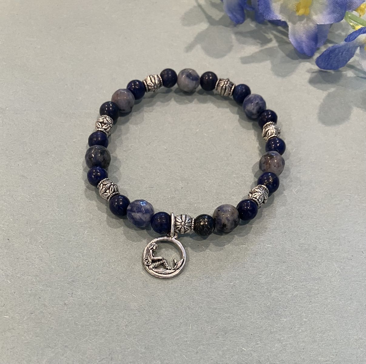 Lapis & Sodalite Gemstone Beaded Stretch Charm Bracelet