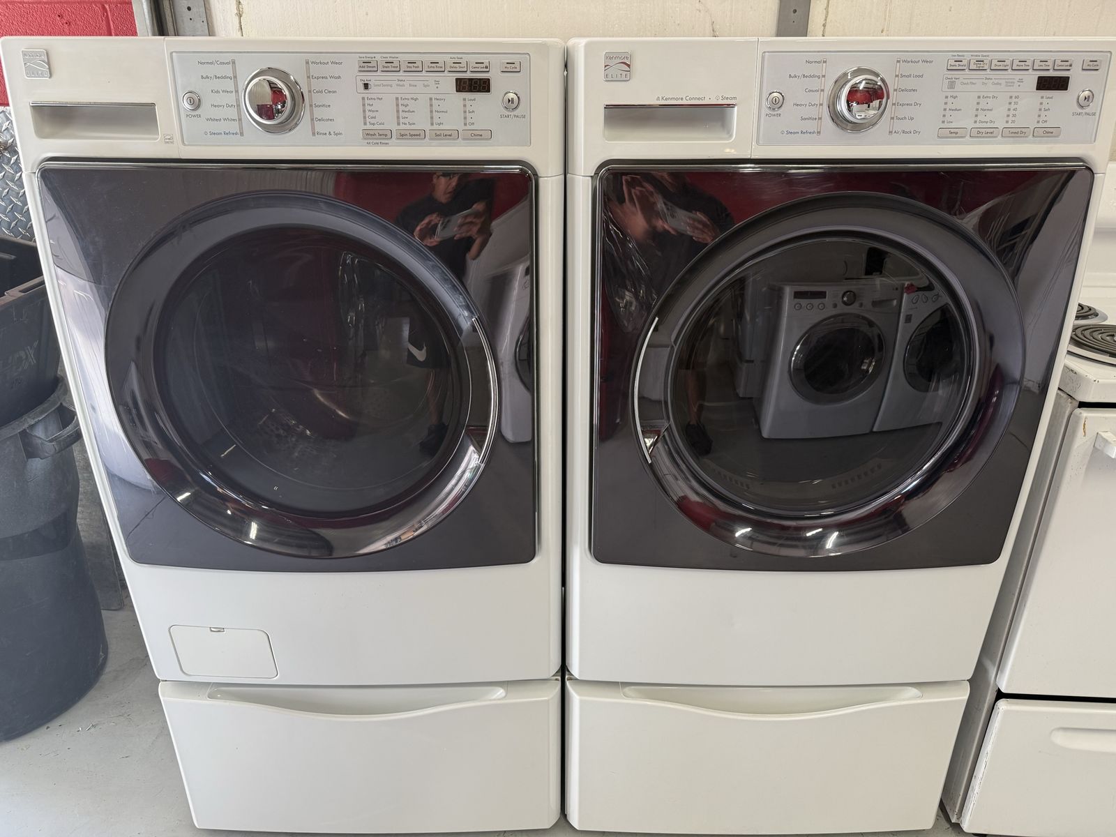 Matching White Ultra Capacity, Steam Kenmore Washer & Dryer Set On Pedestals!