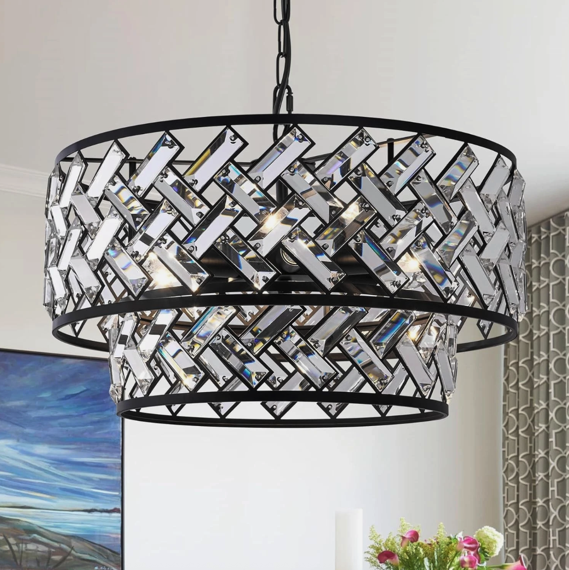 Modern Black Crystal Chandelier – 6 Light Drum Pendant Ceiling Light