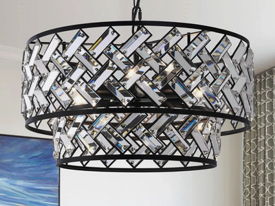Modern Black Crystal Chandelier – 6 Light Drum Pendant Ceiling Light