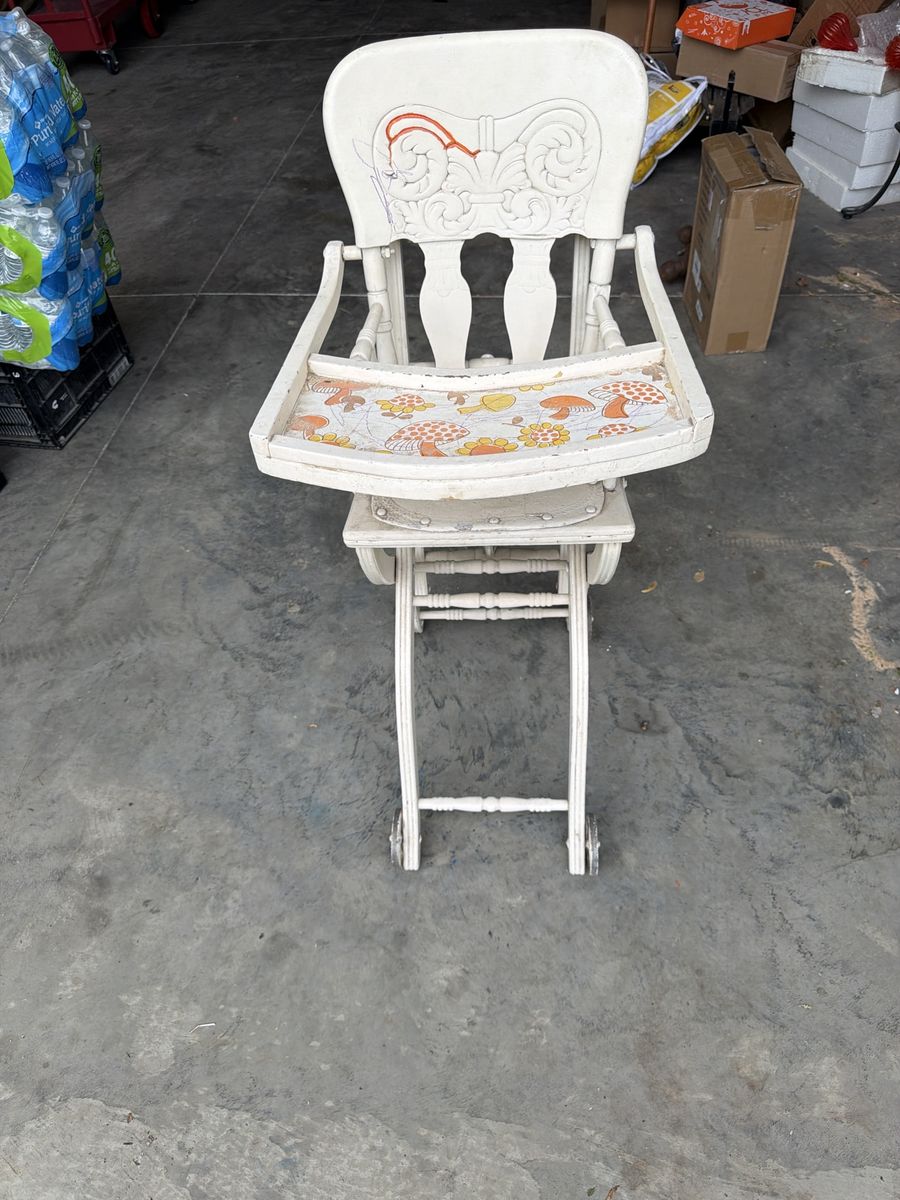 Vintage Wooden High Chair with Mushroom Patterned Seat, White, Child's Dining Chair