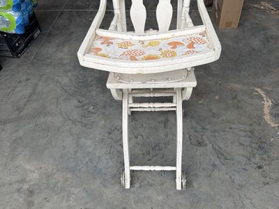 Vintage Wooden High Chair with Mushroom Patterned Seat, White, Child's Dining Chair