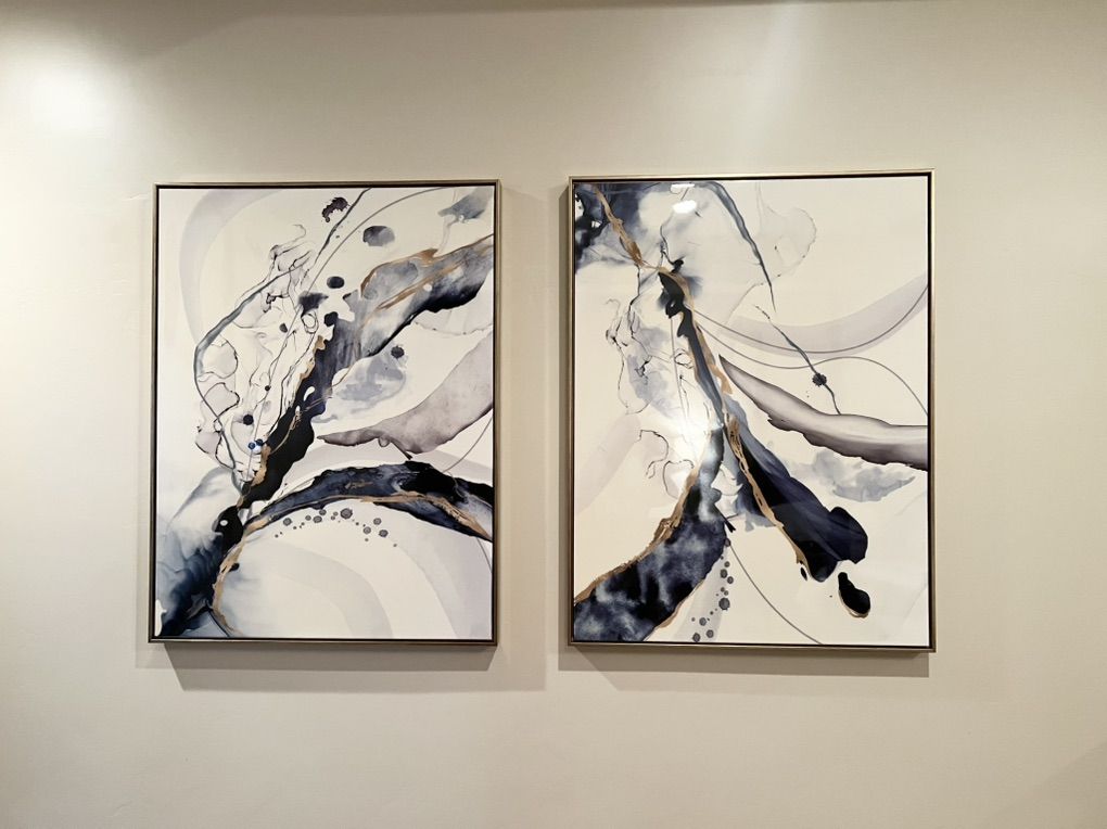 Pair Lg Abstract Modern Artwork, Gold, Blue, White