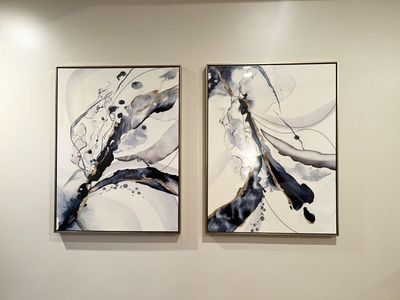 Pair Lg Abstract Modern Artwork, Gold, Blue, White