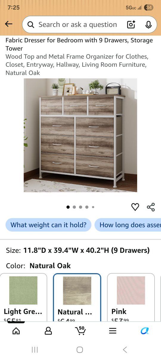 NEW- Steel framed fabric Dresser- 9 Drawers- Natural Oak