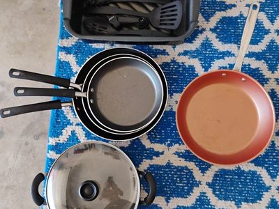 Nuwave 10.5" Skillet with Duralon Ceramic Non-Stick Coating, Farberware 3 piece pans 1 pot and 5 Prestige utensils set