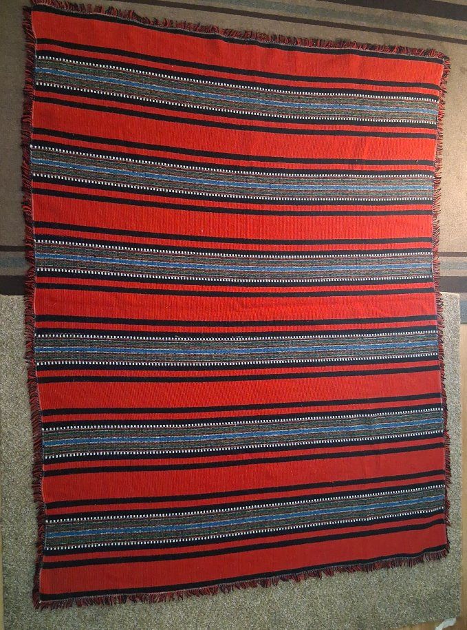Handwoven Red & Black Striped Wool Textile Rug with Fringe 80"x60" Portugal Import