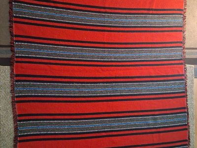Handwoven Red & Black Striped Wool Textile Rug with Fringe 80"x60" Portugal Import