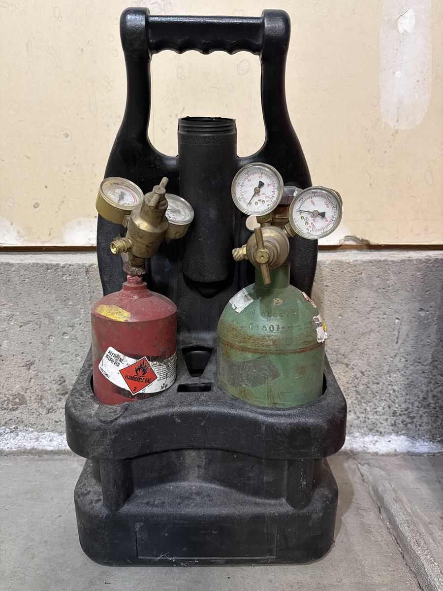 Used Acetylene & Oxygen Tanks w/ Regulators & Carrier - Welding/Cutting Torches