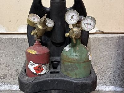 Used Acetylene & Oxygen Tanks w/ Regulators & Carrier - Welding/Cutting Torches